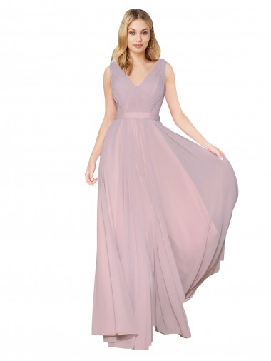 Cheap Draped V-Neck Long Chiffon Prom Dress with Shirred Bodice Canada