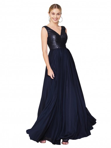 Cheap High Neck V-Neck Long Chiffon Prom Dress with Sequin Top Canada