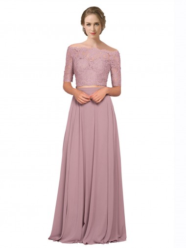 Cheap Off the Shoulder Lace Crop Top A-Line Chiffon Prom Dress Canada