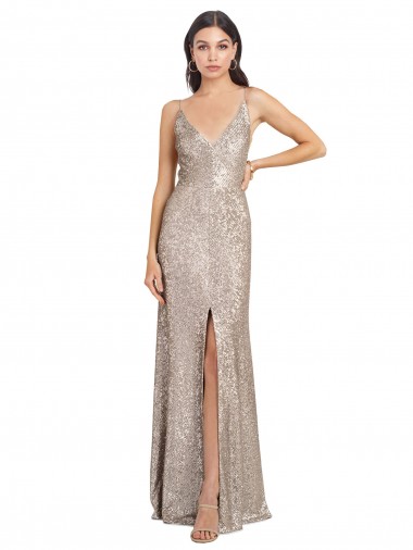 Cheap V-Neck Fully Sequin Prom Dress with V-Back and Front Slit Canada