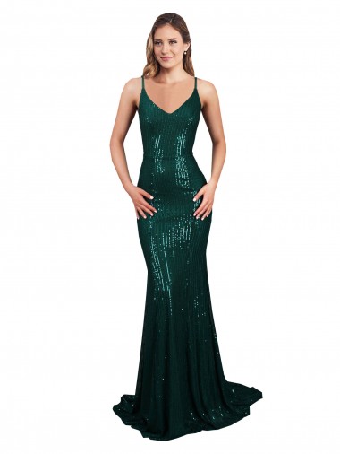 Cheap Fishtail Shaped V-Neck Open Back Long Sequin Prom Dress Canada
