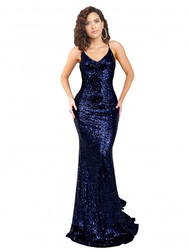 Cheap Mermaid V-Neck Low Back Long Sequin Prom Dress Canada