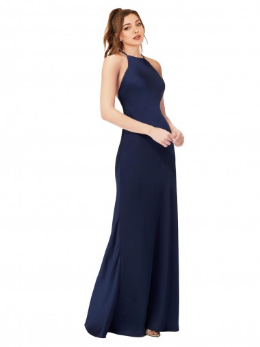 Cheap High Neck Satin Prom Dress with Strappy Back Canada