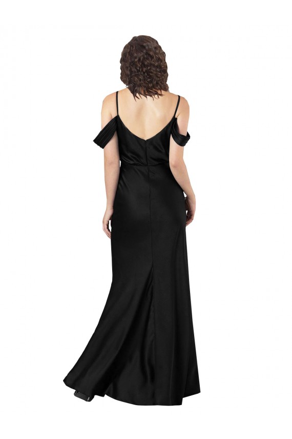 Off the Shoulder Sleeves Silky Satin Prom Dress with Skirt Slit