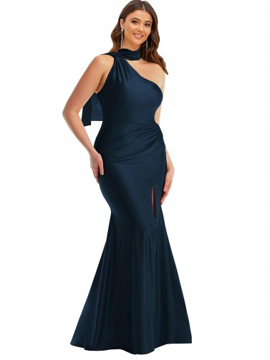Cheap Scarf Neck One Shoulder Silky Satin Mermaid Prom Dress with Front Slit Canada