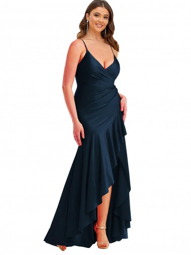 Cheap Pleated Wrap Ruffled High Low Silky Satin Prom Dress Canada
