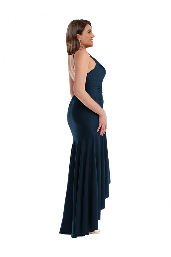 Pleated Wrap Ruffled High Low Silky Satin Prom Dress