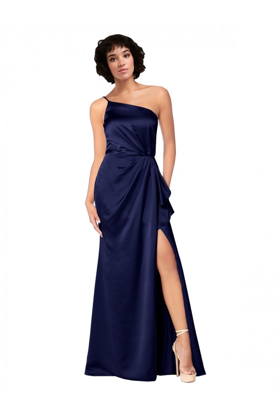 One Shoulder Silky Satin Prom Dress with Skirt Slit