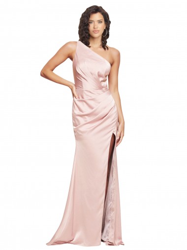 Cheap Full Length Ruched Silky Satin Prom Dress with Low Back and High Split Canada