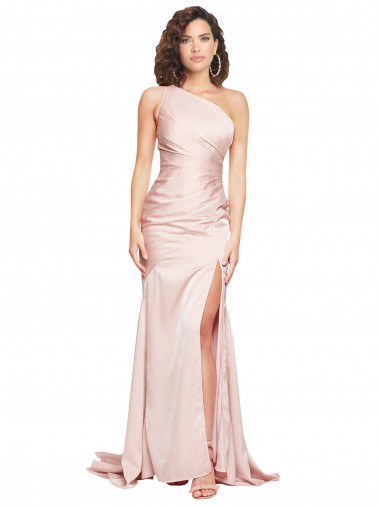 Cheap Full Length One Shoulder Long Silky Satin Prom Dress with High Split Canada