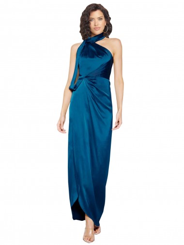 Cheap High Halter Neck Silky Satin Prom Dress with Sash Overlay and Side Split Canada