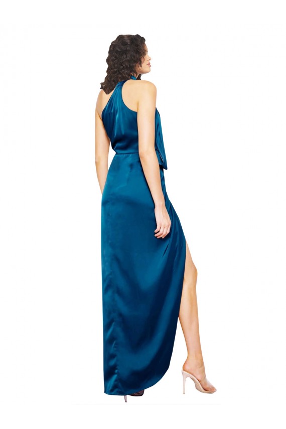 High Halter Neck Silky Satin Prom Dress with Sash Overlay and Side Split