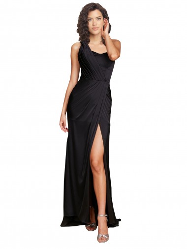 Cheap Full Length One Shoulder Ruffled Long Silky Satin Prom Dress with High Slit Canada