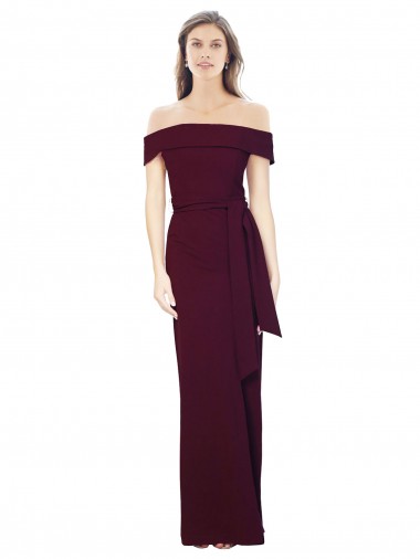 Cheap Off the Shoulder Long Crepe Prom Dress with Waist Tie Canada