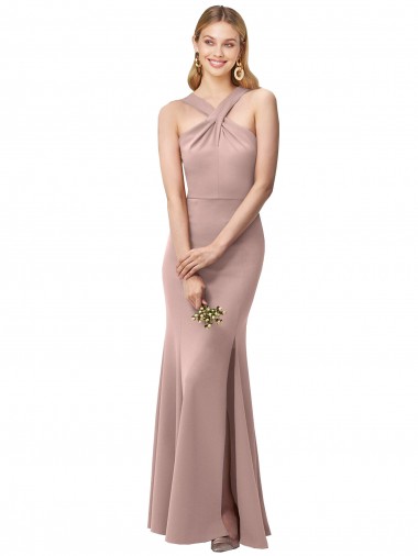Cheap Long Floor Length High Neck Fit and Flare Stretch Crepe Prom Dress with Side Slit Canada