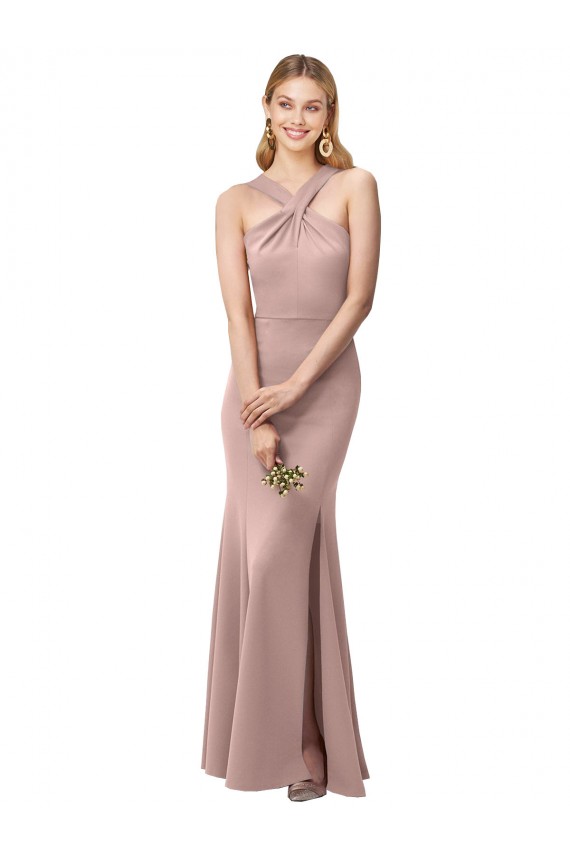 Long Floor Length High Neck Fit and Flare Stretch Crepe Prom Dress with Side Slit