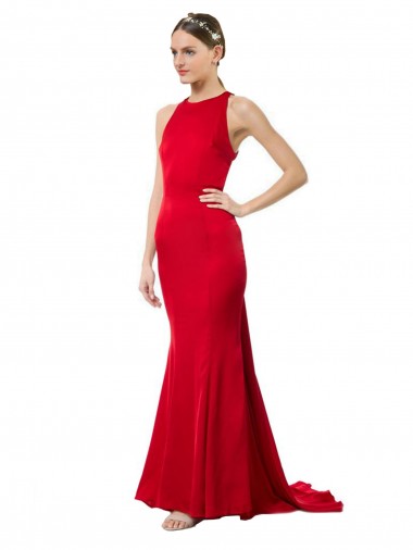 Cheap High Neck Mermaid Open Back Crepe Maxi Prom Dress with Train Detail Canada