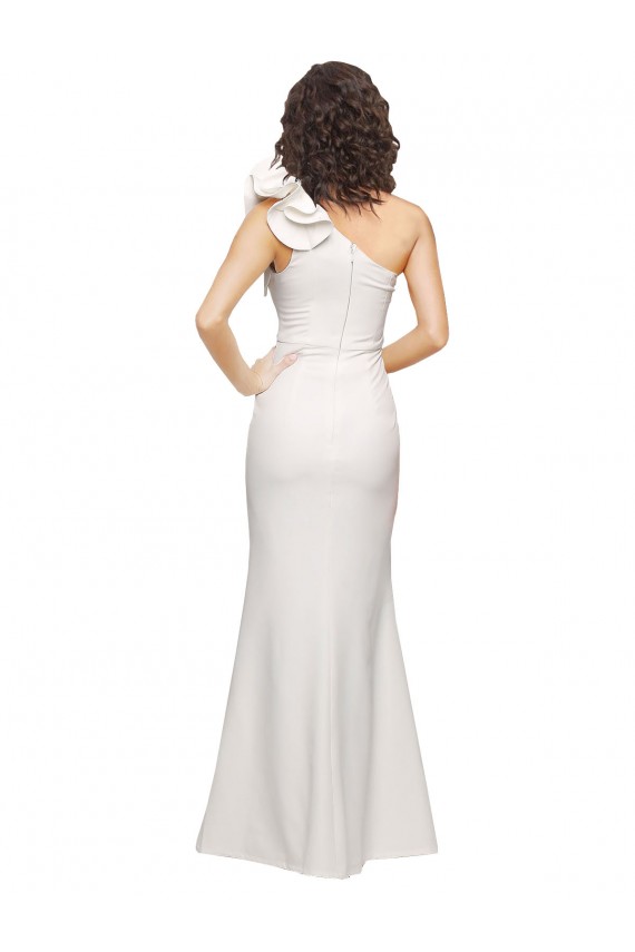 One Shoulder Long Full Length Crepe Prom Dress with Ruffles and Side Split