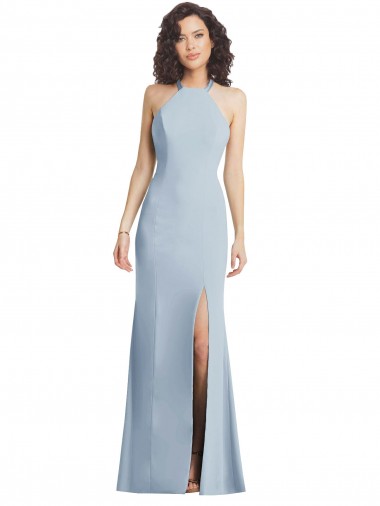 Cheap High Neck Halter Crepe Prom Dress with Twist Criss Cross Back Canada