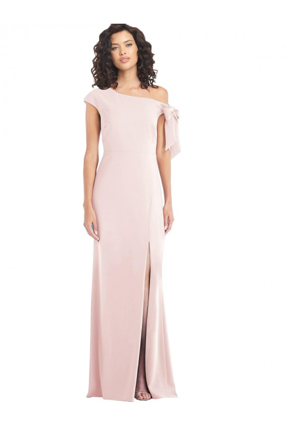 Off the Shoulder Tie Detail Trumpet Crepe Prom Dress with Front Slit