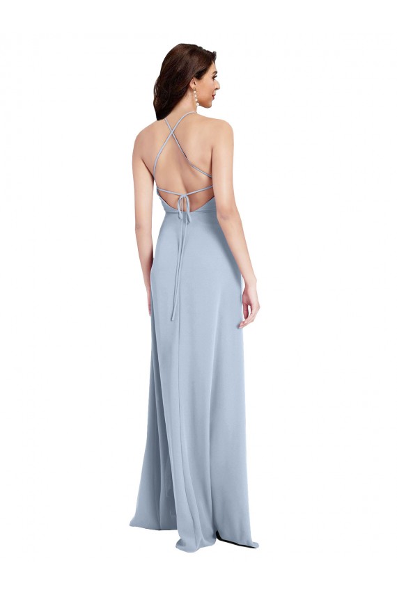 Fit and Flare High Neck Crepe Prom Dress with Side Slit