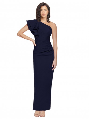 Cheap Ruched Floor Length Long Crepe Prom Dress with Shoulder Ruffles Canada