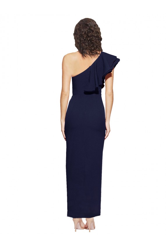 Ruched Floor Length Long Crepe Prom Dress with Shoulder Ruffles