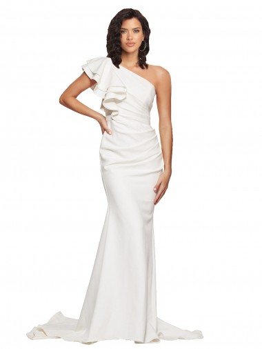 Cheap Ruched Long Sweep Train Crepe Prom Dress with Shoulder Ruffles Canada