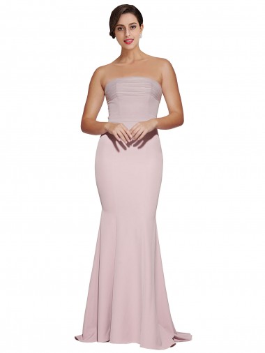 Cheap Straight Neck Long Strapless Crepe Prom Dress with Soft Tulle Overlay and Small Train Canada