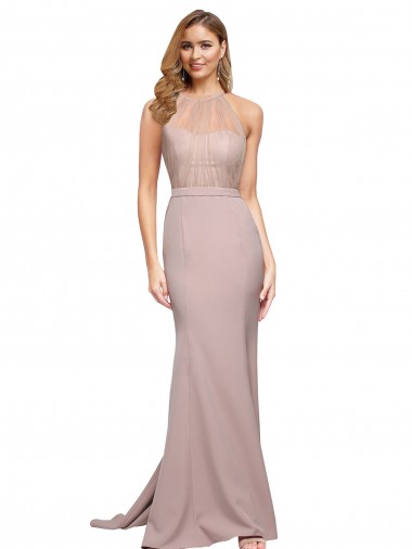 Cheap Long Sweetheart Crepe Prom Dress with High Neck Illusion Tulle Details Canada