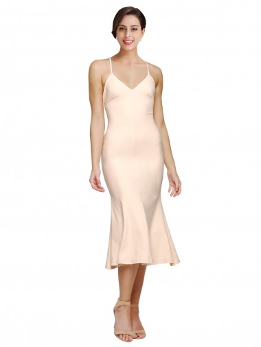 Cheap Midi Length V-Neckline Crepe Cocktail Prom Dress / Homecoming Dress with Thin Straps and Fulted Skirt Canada