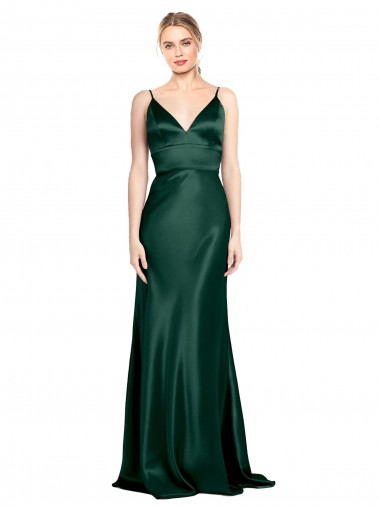 Cheap High V-Neck Long Full Length Sheath Stretch Satin Prom Dress Canada