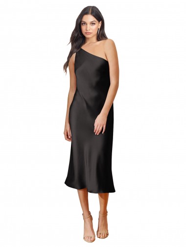 Cheap Sleek One Shoulder Midi Length Short Stretch Satin Slip Cocktail Prom Dress / Homecoming Dress Canada