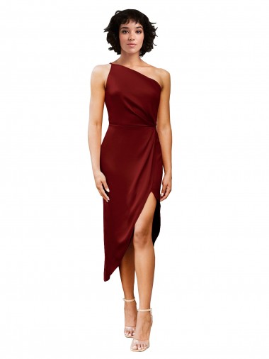 Cheap One Shoulder Midi Length Short Stretch Satin Wrap Style Cocktail Prom Dress / Homecoming Dress Canada