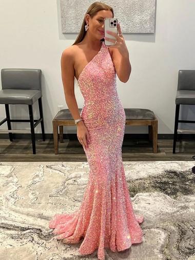 Cheap Open Back One Shoulder Sleeveless Long Sweep Train Velvet Sequin Prom Dress Canada