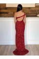 One Shoulder Sleeveless Long Sweep Train Velvet Sequin Prom Dress
