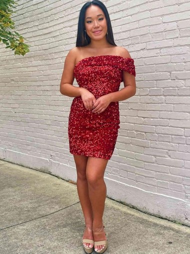 Cheap Short One Shoulder Sleeveless Velvet Sequin Cocktail Prom Dress Canada