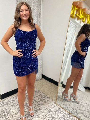 Cheap Spaghetti Straps Backless Sleeveless Short Velvet Sequin Prom Dress Canada