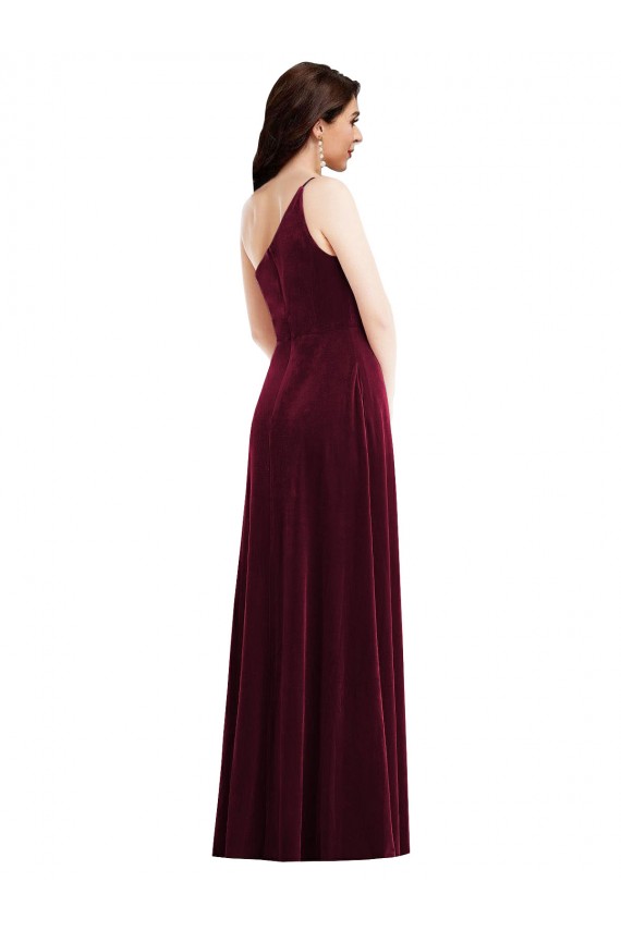 One Shoulder Spaghetti Strap Velvet Maxi Prom Dress with Pockets