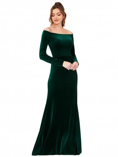 Cheap Off the Shoulder Long Sleeves Stretch Velvet Prom Dress Canada