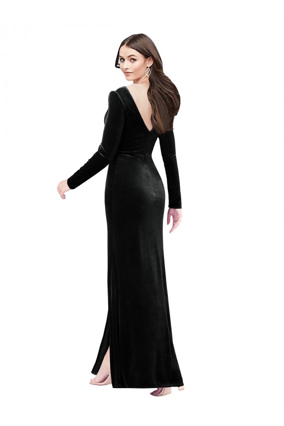 Long Sleeves Velvet Prom Dress with V-Neckline and Thigh Slit
