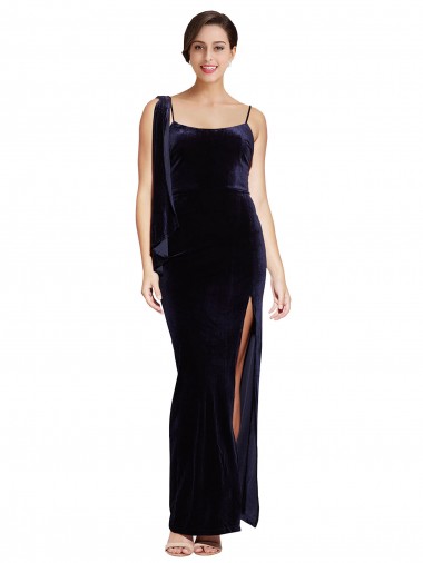 Cheap Long Velvet Prom Dress with Side Thigh Split and Shoulder Tie Canada
